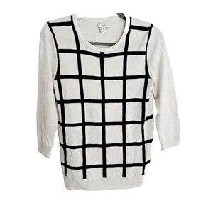 J Crew Window Pane Merino Wool Sweater Womens Size S 3/4 Sleeve White Black